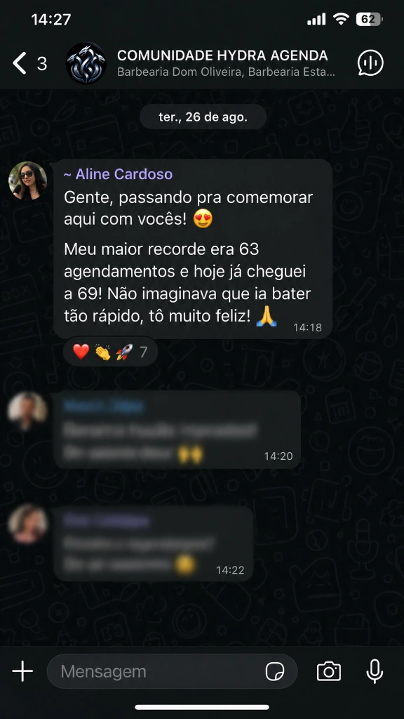 Feedback de cliente satisfeita Aline Cardoso - Recorde de agendamentos Hydra Agenda