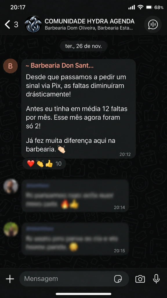 Feedback de cliente satisfeito Barbearia Don Santos - Redução de faltas via sinal Pix Hydra Agenda