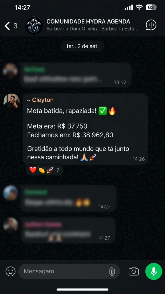 Feedback de cliente satisfeito Cleyton - Meta batida de faturamento Hydra Agenda