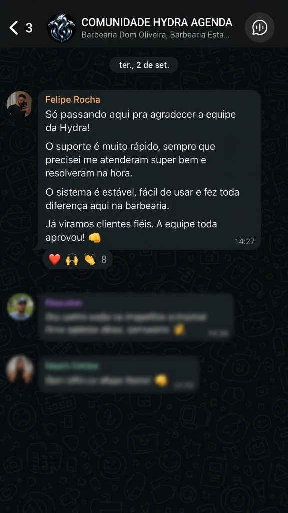 Feedback de cliente satisfeito Felipe Rocha - Suporte e estabilidade Hydra Agenda