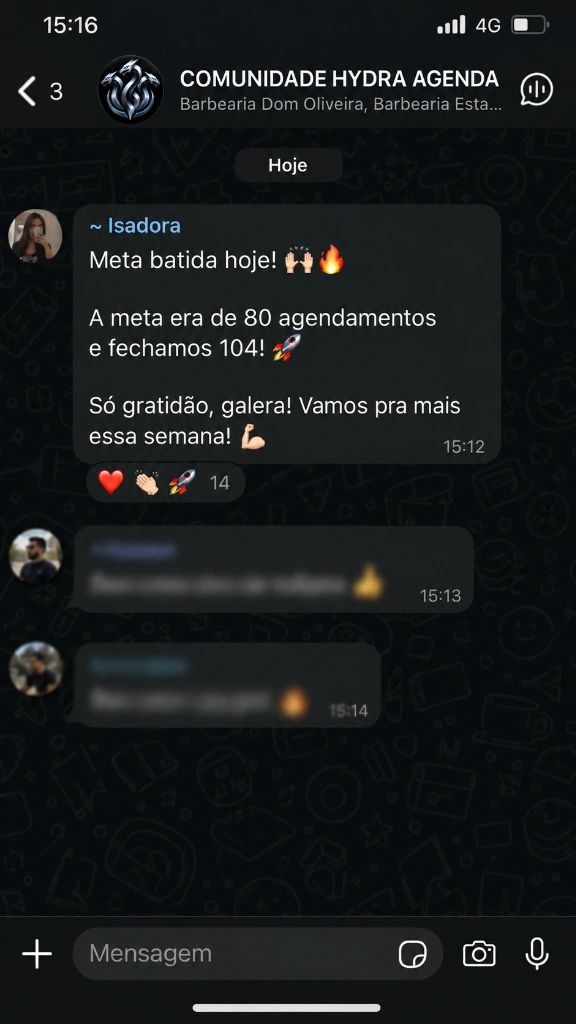Feedback de cliente satisfeita Isadora - Meta de agendamentos superada Hydra Agenda