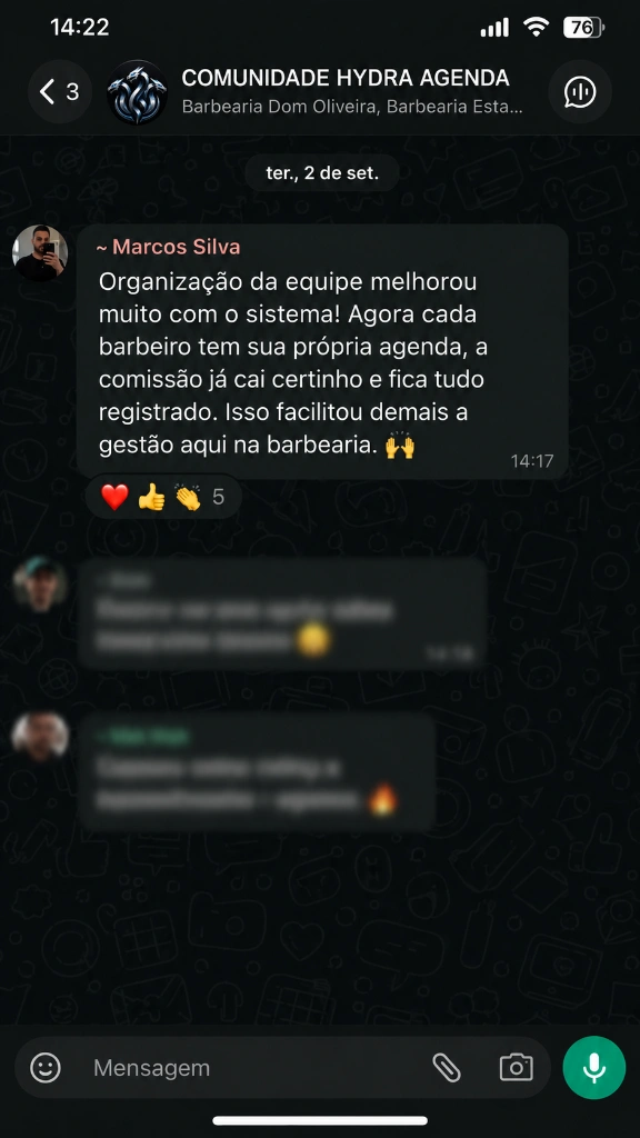 Feedback de cliente satisfeito Marcos Silva - Organização da equipe Hydra Agenda