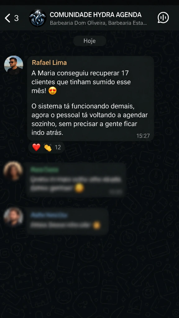 Feedback de cliente satisfeito Rafael Lima - Recuperação de clientes Hydra Agenda