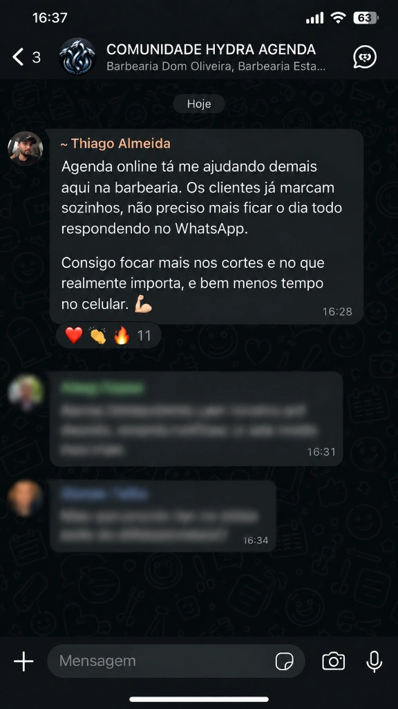 Feedback de cliente satisfeito Thiago Almeida - Agenda online Hydra Agenda
