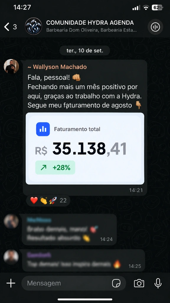 Feedback de cliente satisfeito Wallyson Machado - Faturamento do mês Hydra Agenda
